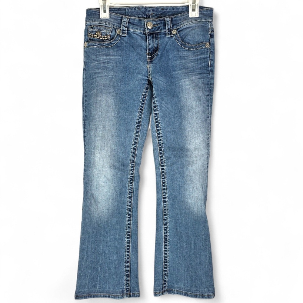 Seven7 Womens Bootcut Jeans Size 28 Medium Wash Embroidered Thick Stitch Denim